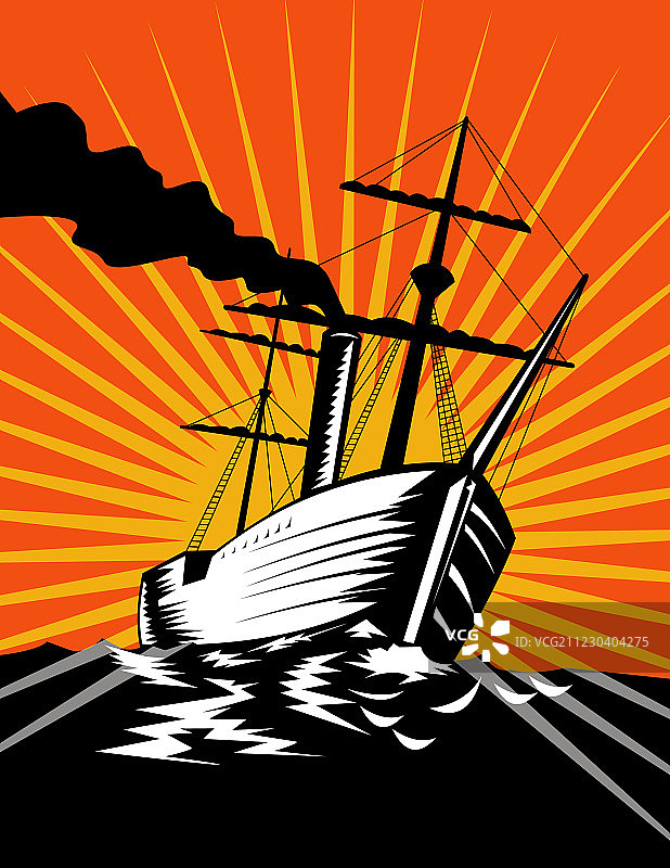 复古木刻帆船图片素材