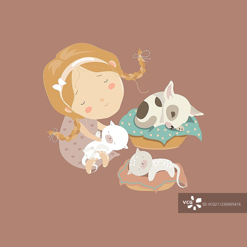 和滑稽小猫小狗在一起的可爱女孩图片素材