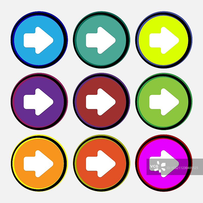 向右箭头，下一步图标标志，九种颜色图片素材