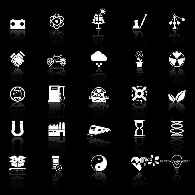 黑色背景上带有反射的可再生能源图标图片素材