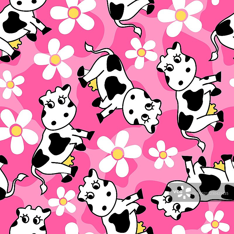 可爱牛和鲜花的无缝图案图片素材