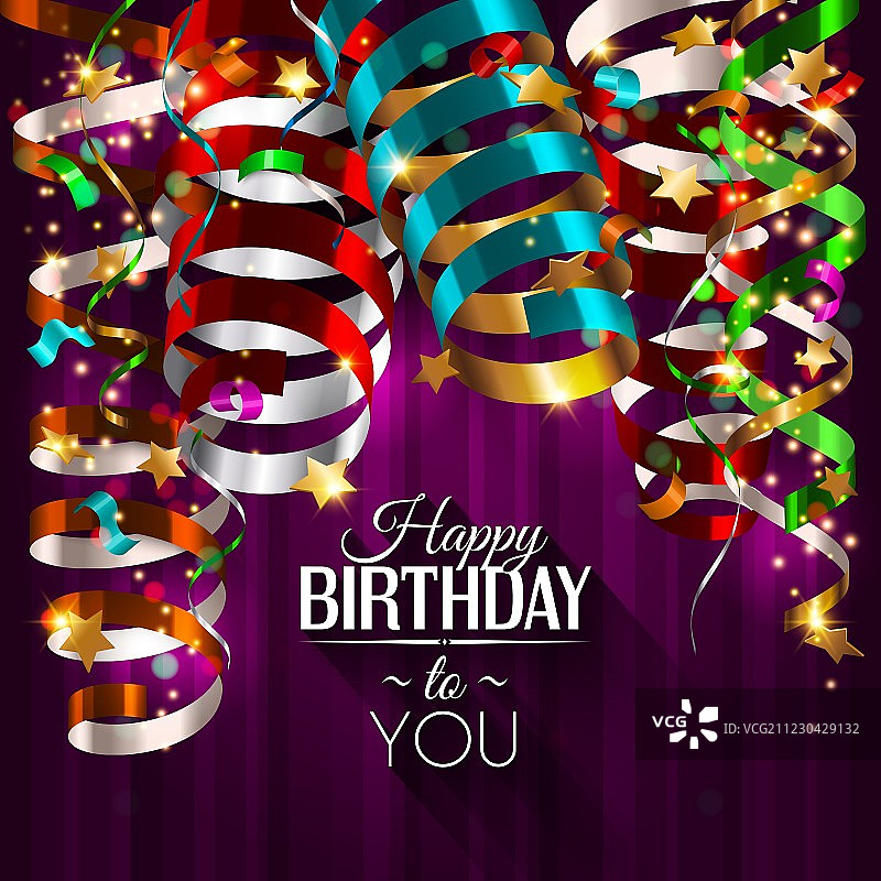 带彩色卷曲丝带的生日贺卡图片素材