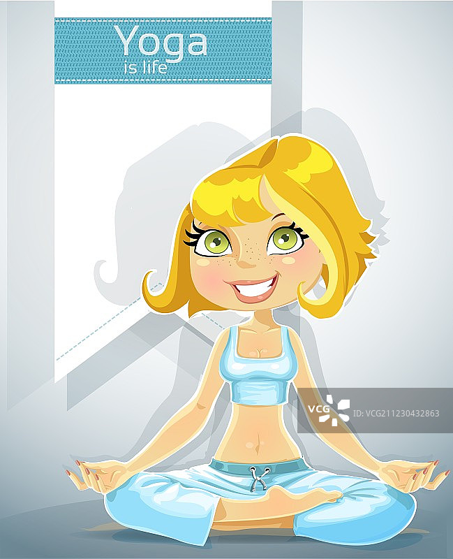 做瑜伽莲花姿势的可爱金发女孩，有横幅图片素材