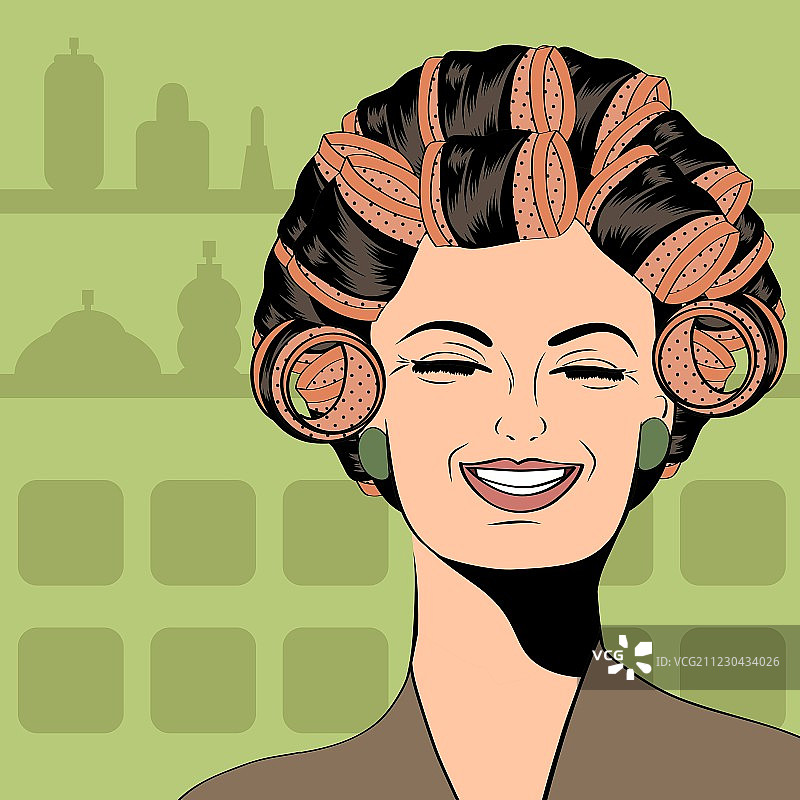 头发上带着卷发器的女人图片素材