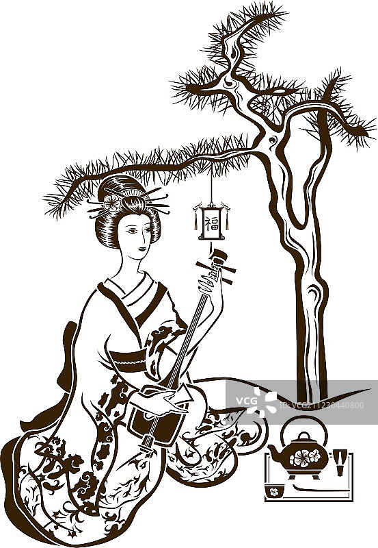 日本传统艺伎与三味线图片素材