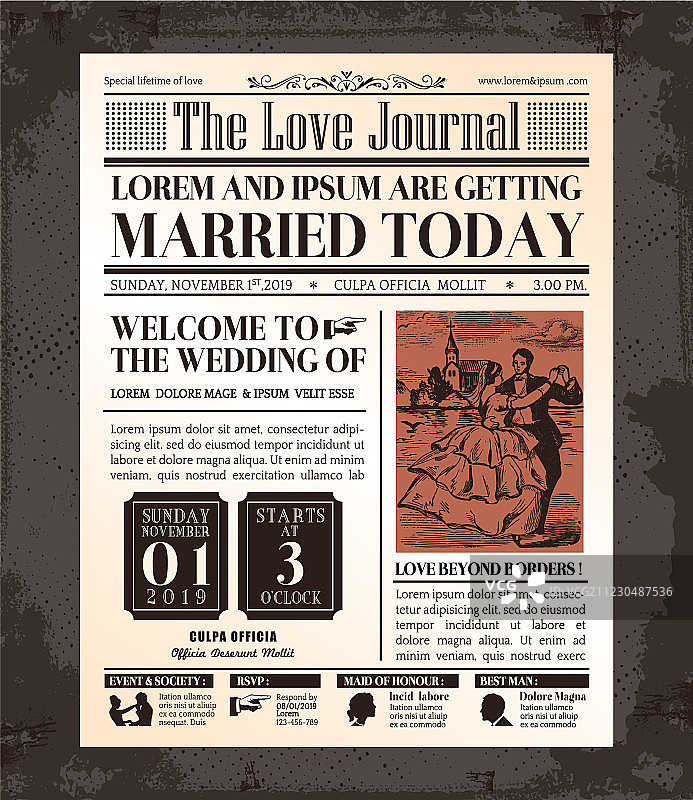 复古报纸婚礼邀请函模板图片素材