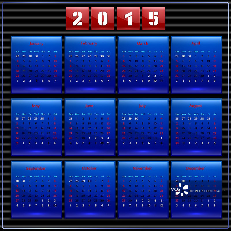2015年美式周历（周日为首，12个月）图片素材