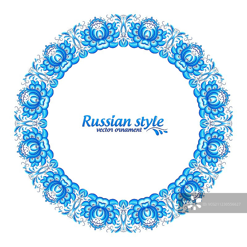Gzhel风格蓝色花卉圆形框架图片素材
