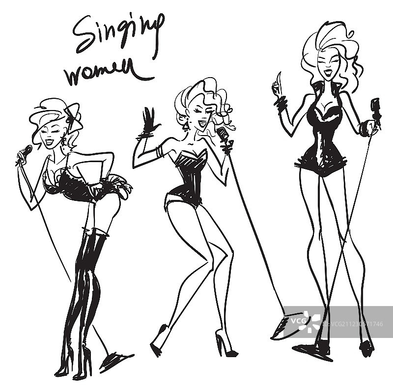 手绘歌唱女性速写图片素材