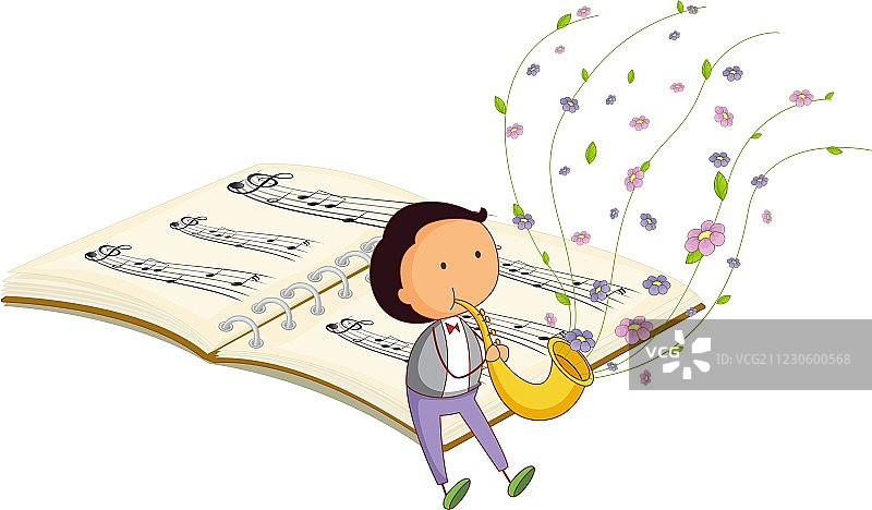 拿着小号和乐谱的男孩图片素材