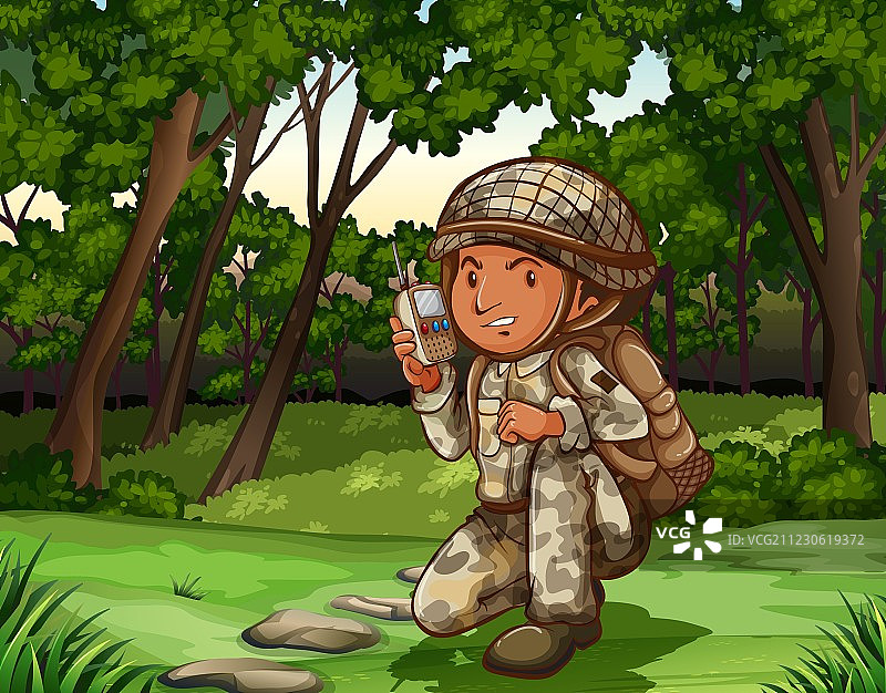 森林中用无线电的士兵图片素材