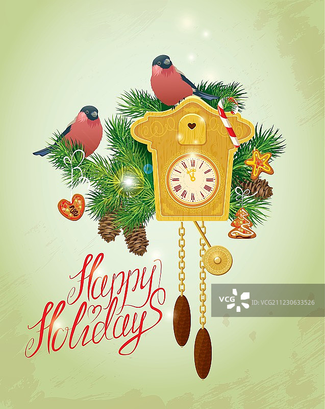 复古木制布谷鸟钟圣诞姜饼卡片图片素材
