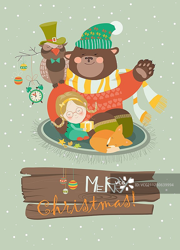 可爱女孩与有趣的熊和猫头鹰一起庆祝图片素材