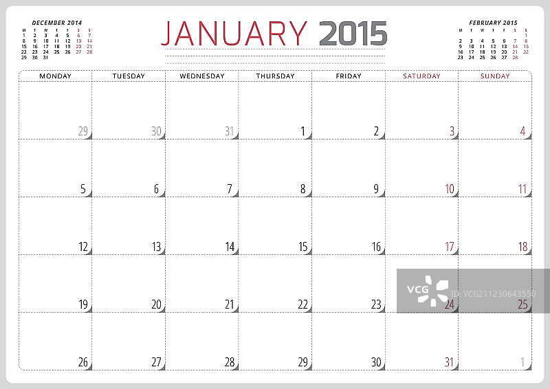 2015年日历计划模板（周一为每周第一天）图片素材