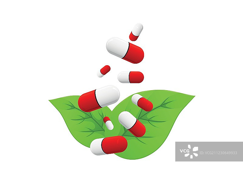 药丸掉落在树叶上图片素材