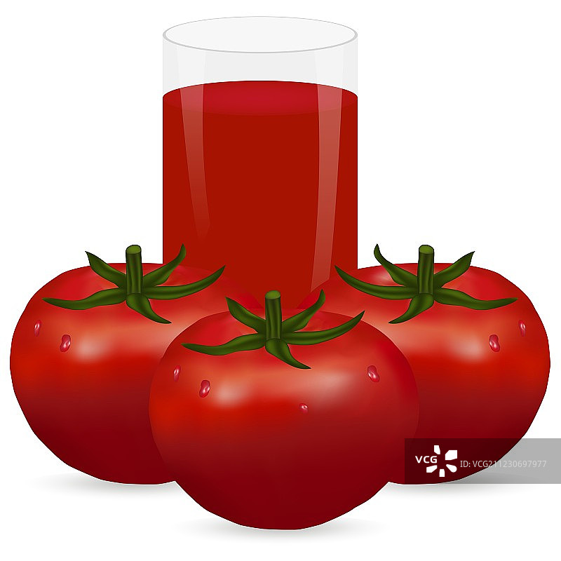 三个成熟的番茄和一杯果汁图片素材