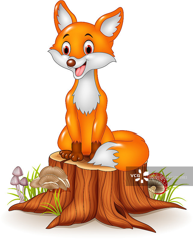 坐在树桩上的卡通快乐狐狸图片素材