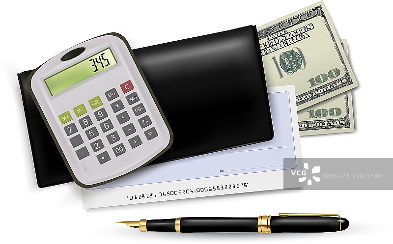 黑色支票簿、笔和美元图片素材