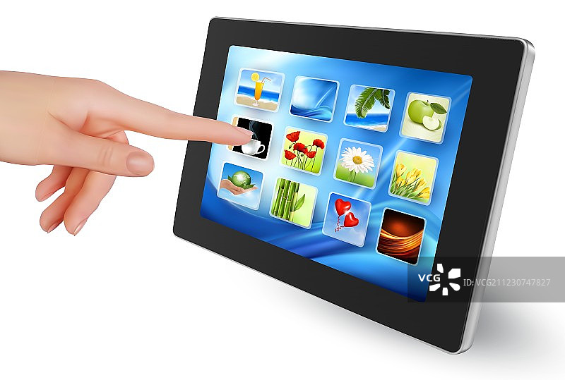 带有图标的平板电脑（女性手持）图片素材