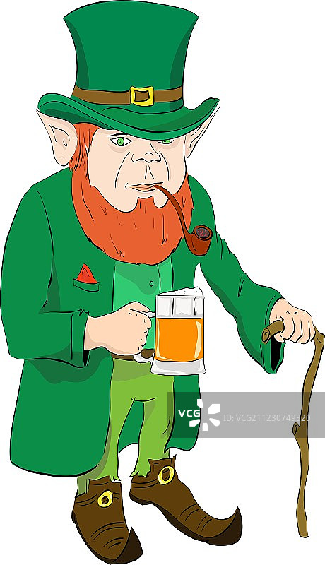 拿着一杯啤酒和手杖的爱尔兰绿矮人图片素材