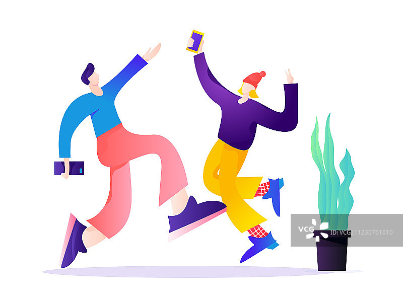 背景欢乐男女快乐玩手机，扁平潮流矢量商业插图片素材