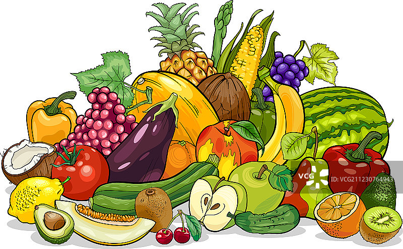 水果和蔬菜卡通群组图片素材