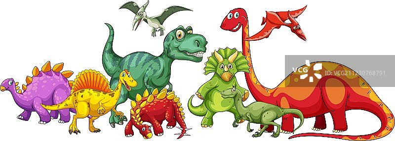 成群的不同类型的恐龙图片素材
