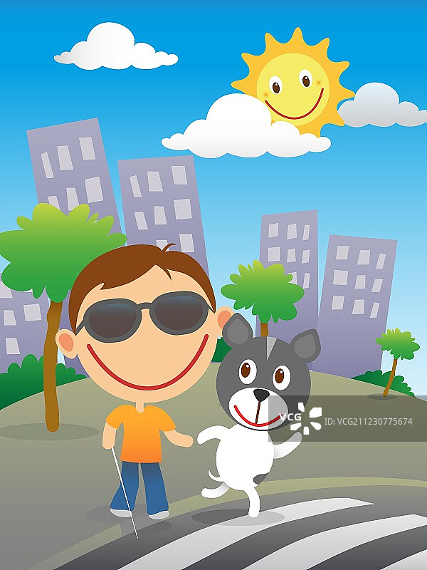 快乐的盲童和他的导盲犬图片素材