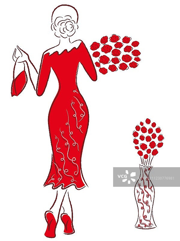身穿红色玫瑰长袍离去的女士图片素材