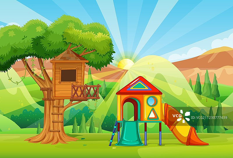 公园里的树屋和滑梯图片素材