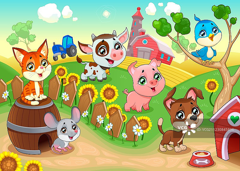 可爱的农场动物在花园里图片素材