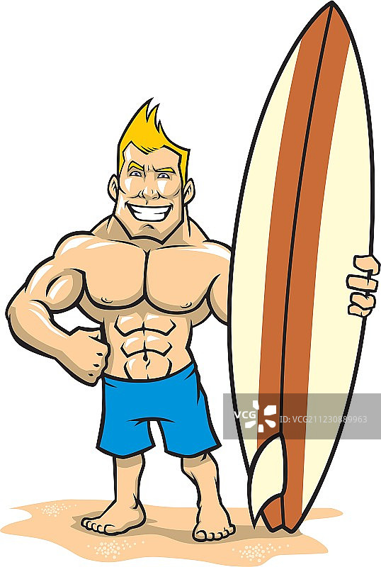 微笑的健壮冲浪者拿着冲浪板摆姿势图片素材