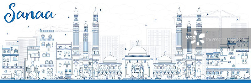 也门萨那城市天际线轮廓，蓝色建筑图片素材