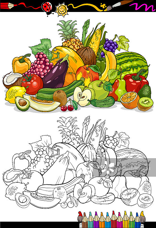 水果蔬菜填色书图片素材