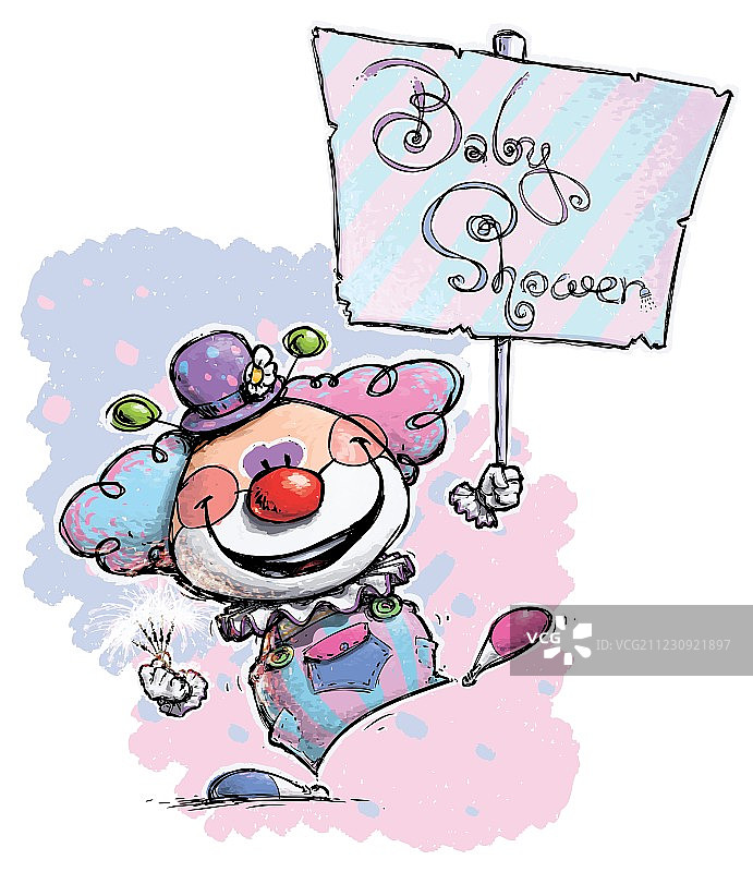 小丑拿着迎婴派对标语牌图片素材