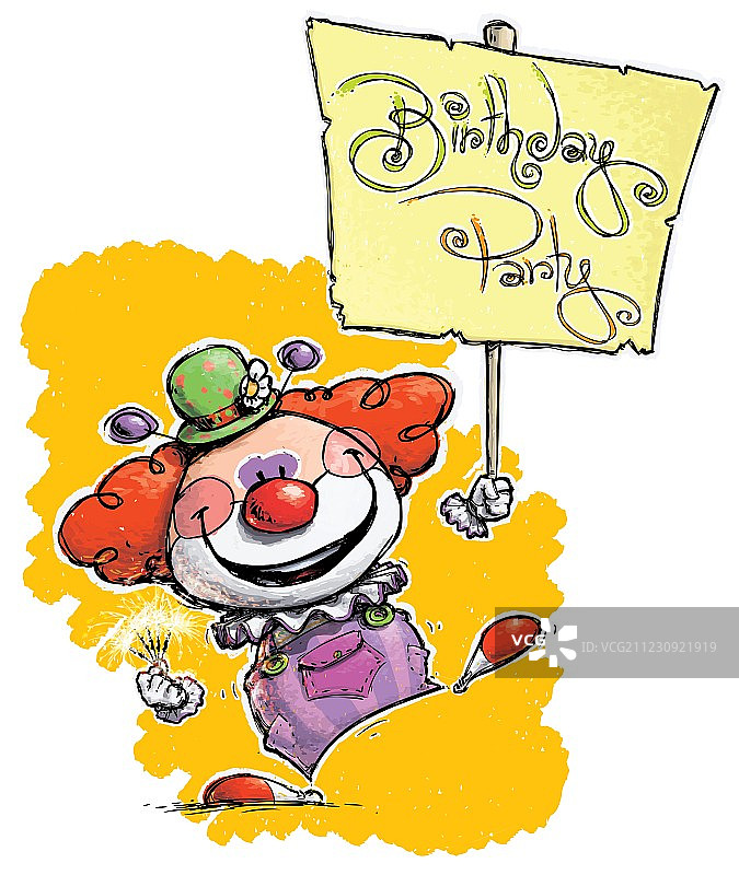 小丑拿着生日派对标语牌图片素材