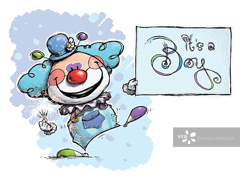 小丑拿着一个“男孩”卡片图片素材