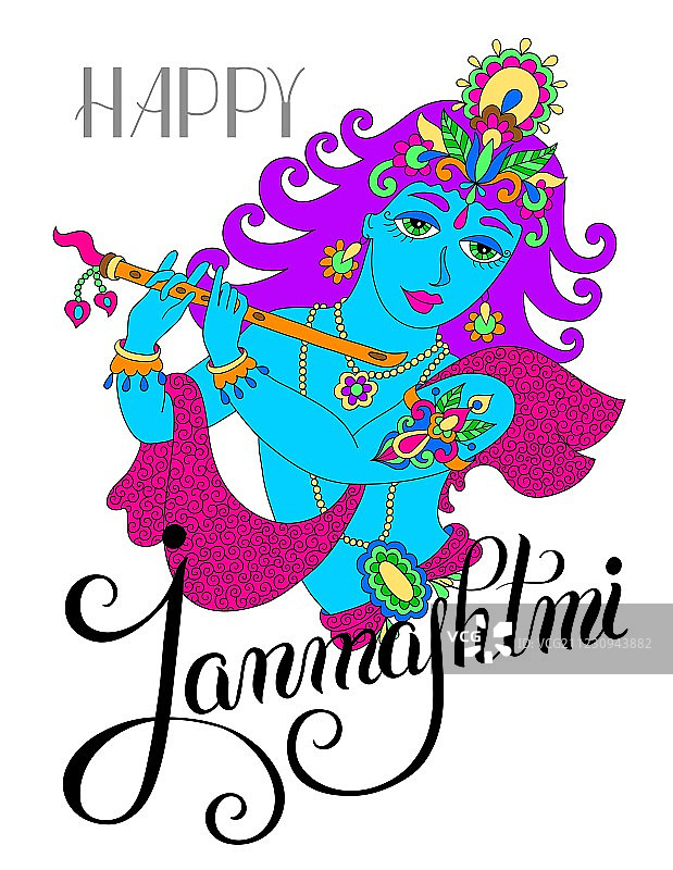 克里希纳神与手写字母铭文图片素材