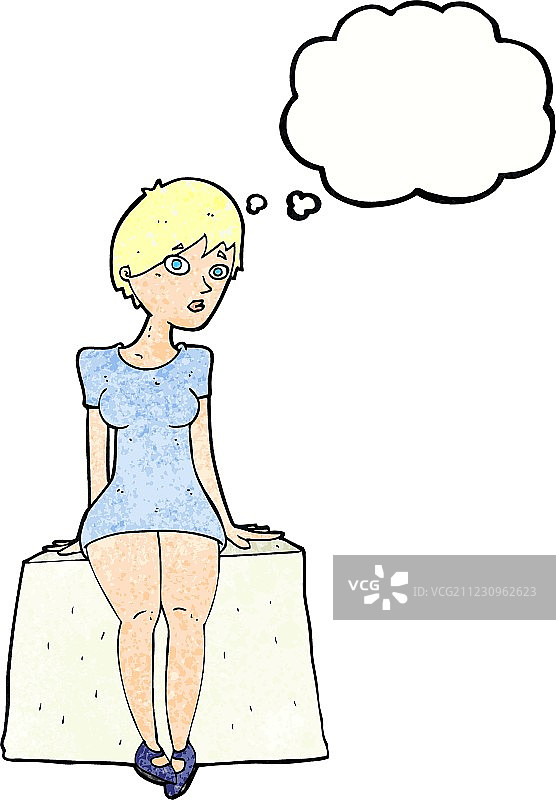 卡通好奇的女人坐着与想法泡泡图片素材