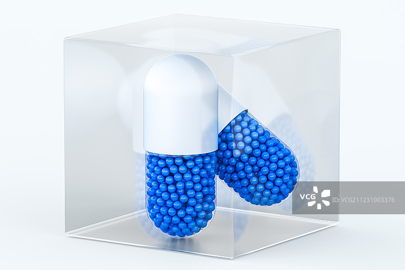 蓝色颗粒胶囊与透明方块，三维渲染图片素材