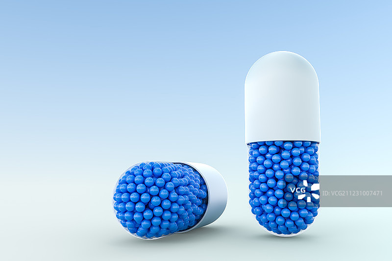 蓝色颗粒胶囊，三维渲染图片素材