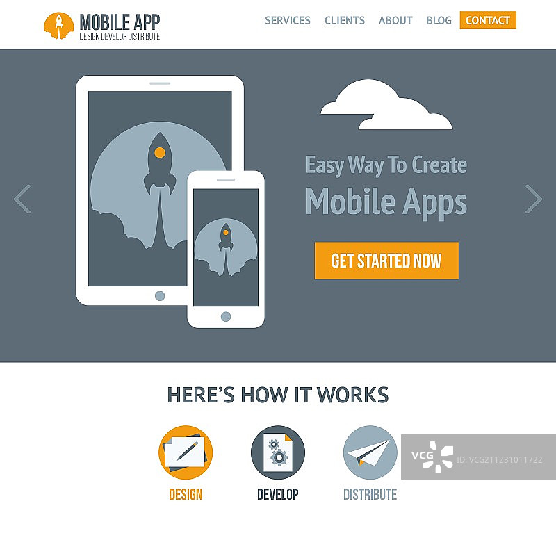 带有启动火箭的流行扁平网站模板图片素材