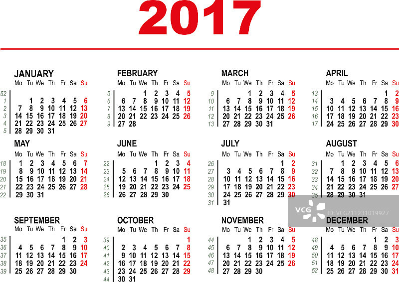 2017年日历模板（横版，首周）图片素材