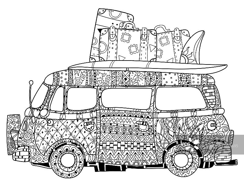 手绘涂鸦大众冲浪巴士轮廓图片素材