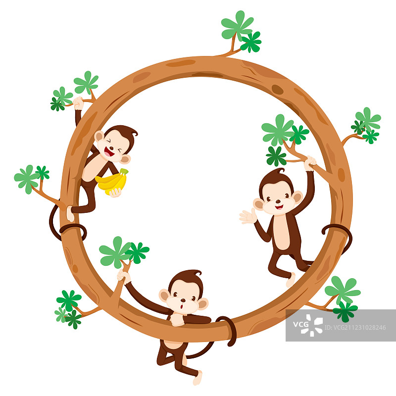 圆形框架上的猴子和香蕉图片素材