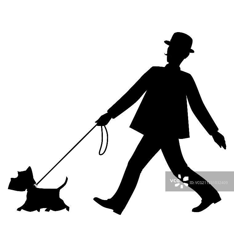 绅士和他的狗散步的剪影图片素材
