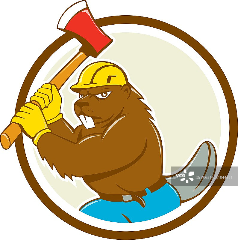 卡通伐木工海狸挥舞着斧头图片素材
