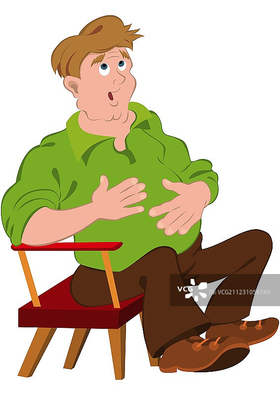 触摸腹部的穿绿色POLO衫的卡通男人图片素材