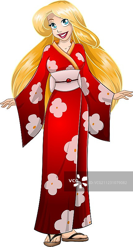 身穿红色和服的金发女人图片素材