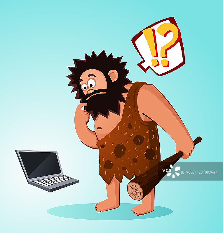 穴居人发现一台笔记本电脑图片素材